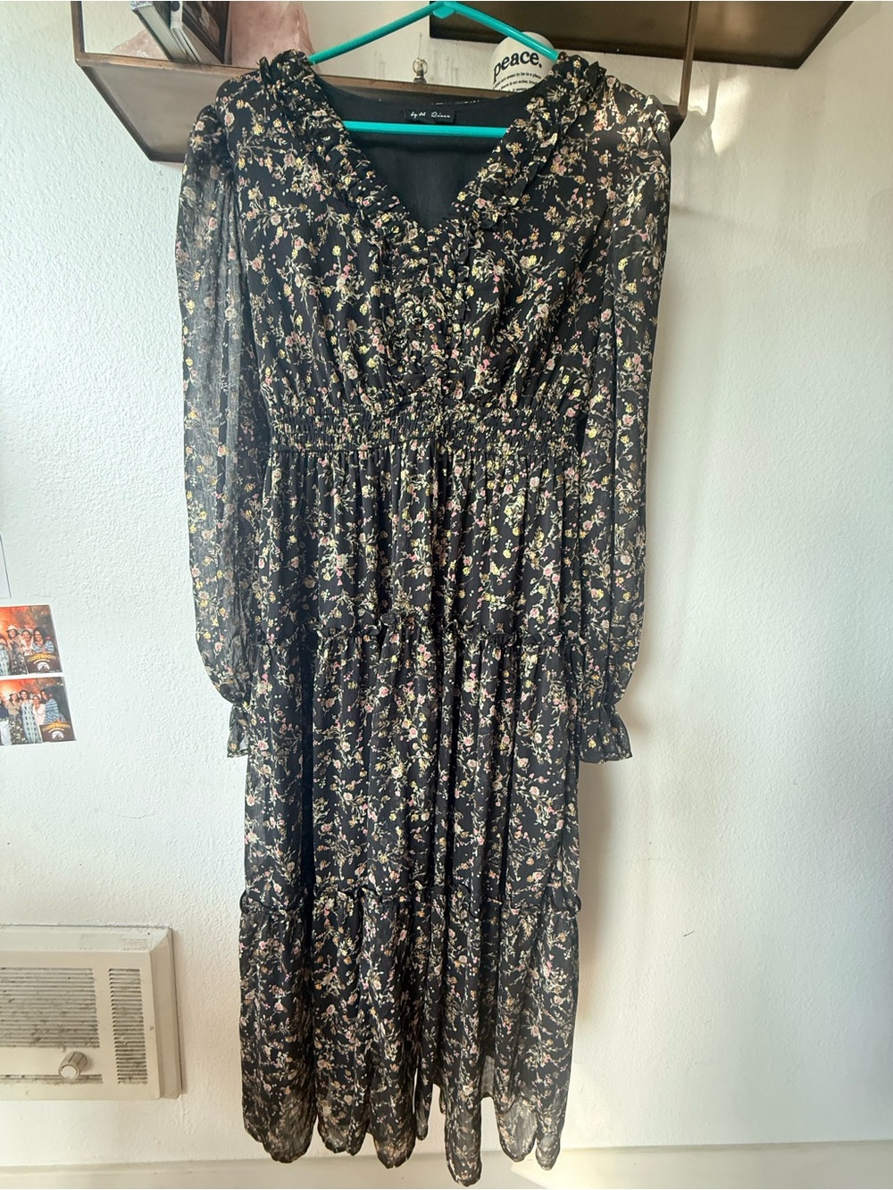 Black Floral Long Sleeve Maxi dress with gold accents